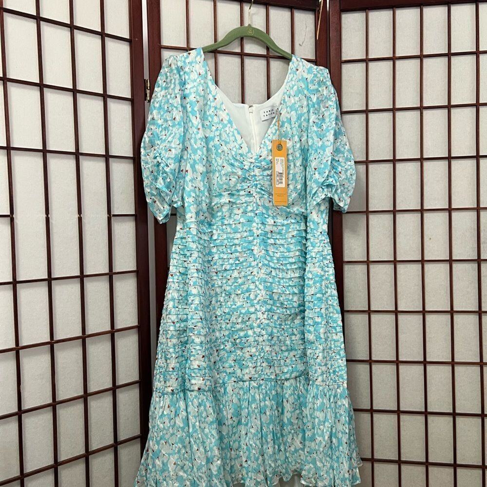 TANYA TAYLOR PANZY TEAL FLORAL SILK BLEND‎ DRESS SIZE 20